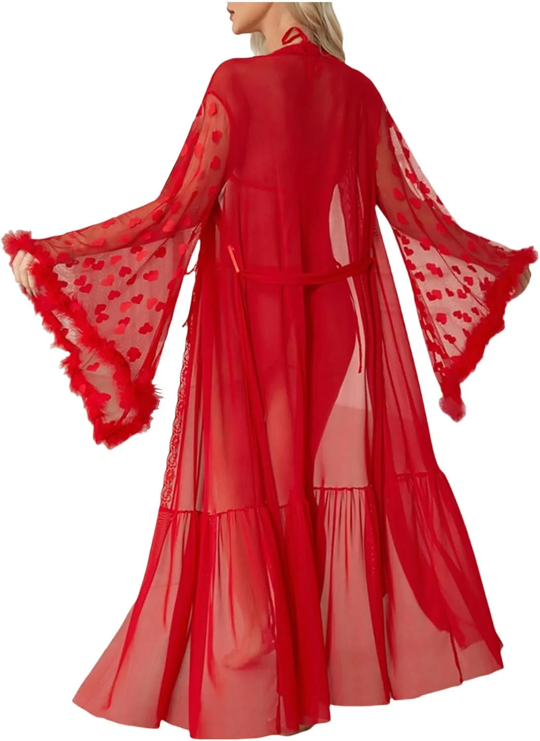 HGps8w Womens Satin Kimono Robe Sexy Feather Trim Long Sleeve Dressing Gown Bathrobe Mesh Dots Patchwork Bride Robe Nightwear