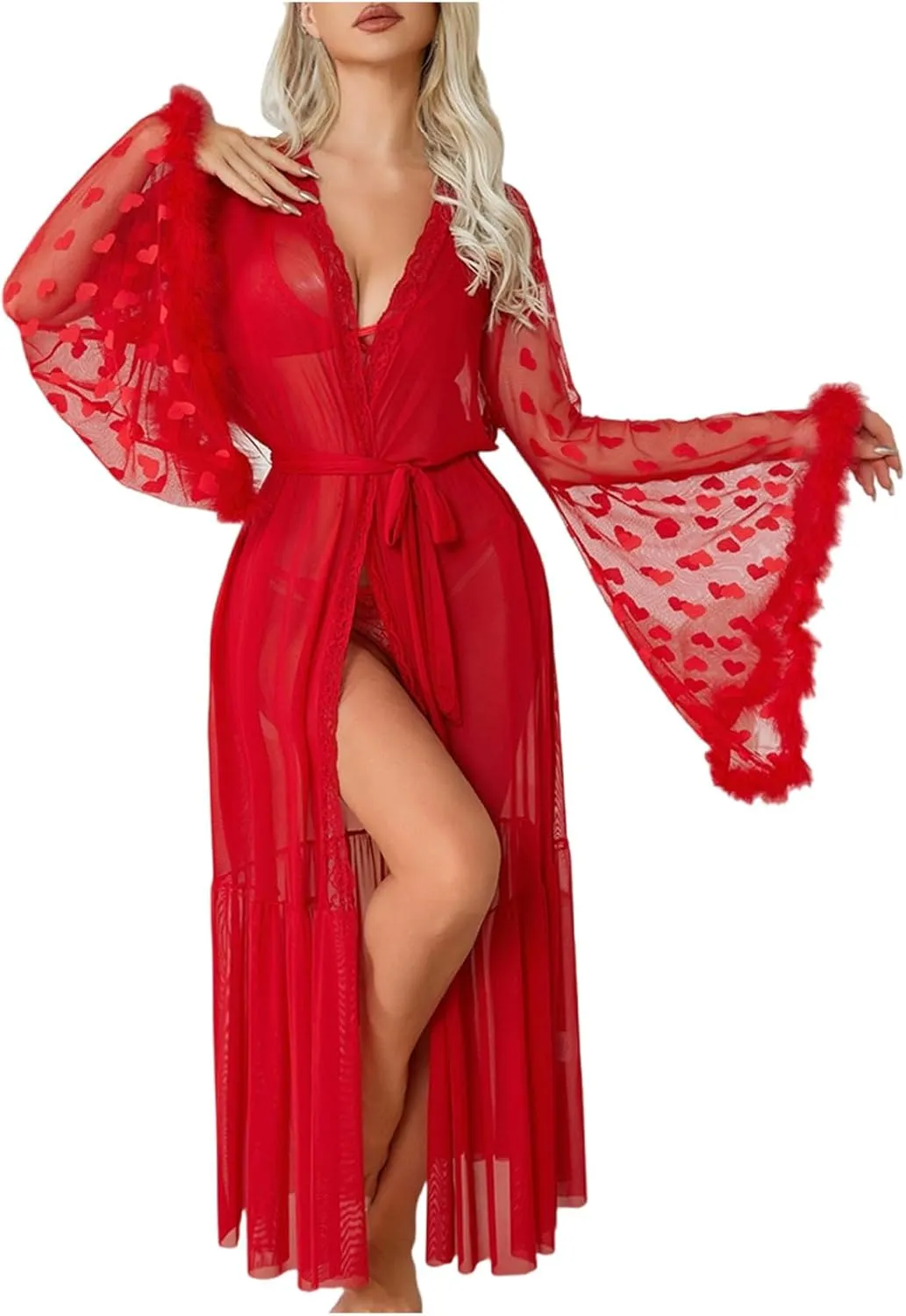 HGps8w Womens Satin Kimono Robe Sexy Feather Trim Long Sleeve Dressing Gown Bathrobe Mesh Dots Patchwork Bride Robe Nightwear
