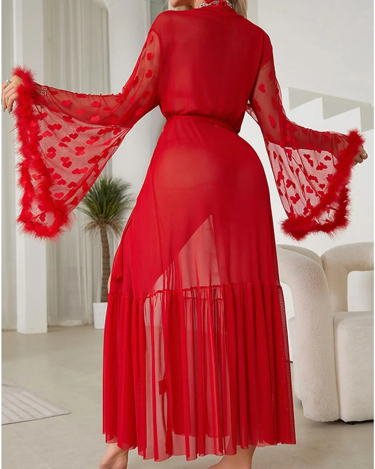 HGps8w Womens Satin Kimono Robe Sexy Feather Trim Long Sleeve Dressing Gown Bathrobe Mesh Dots Patchwork Bride Robe Nightwear