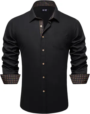 Hi-Tie Mens Dress Shirts Wrinkle Free Inner Contrast Jacquard Long Sleeve Casual Button Down Shirt Business Party Wedding