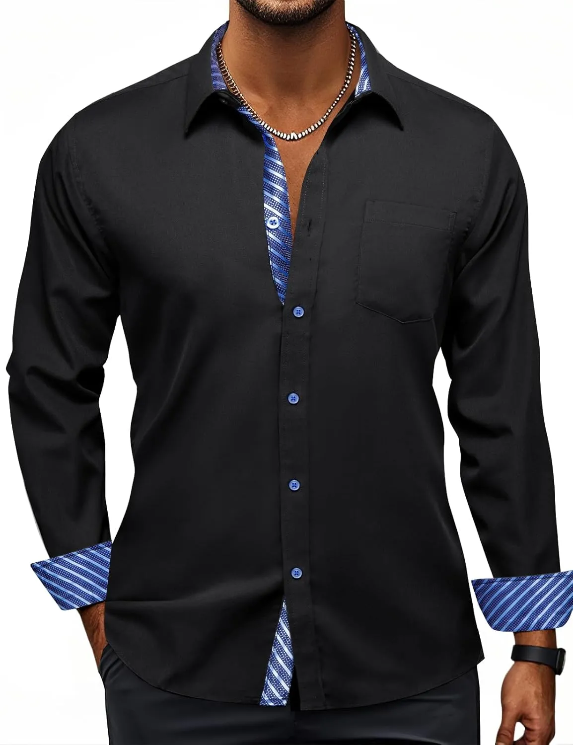 Hi-Tie Mens Dress Shirts Wrinkle Free Inner Contrast Jacquard Long Sleeve Casual Button Down Shirt Business Party Wedding