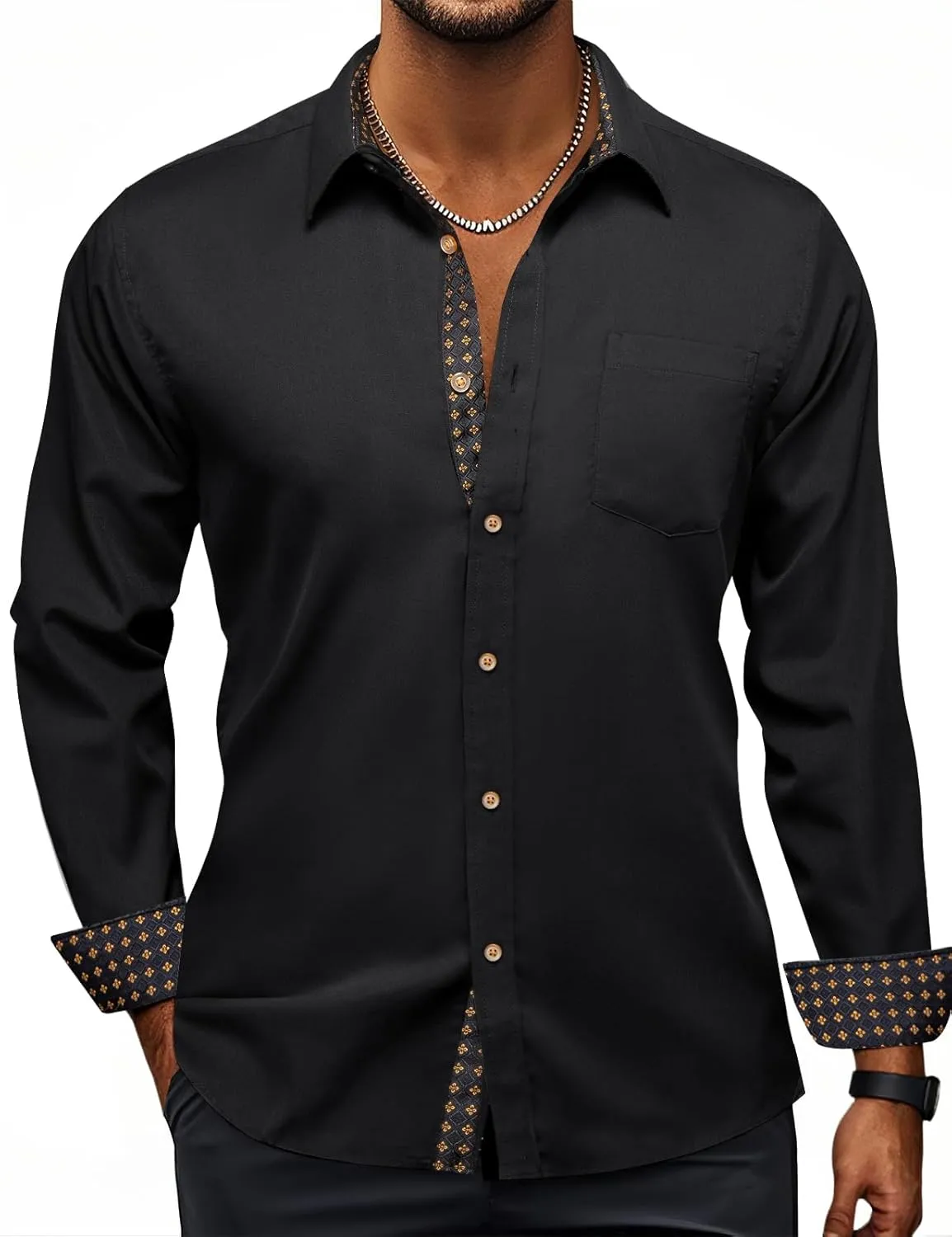 Hi-Tie Mens Dress Shirts Wrinkle Free Inner Contrast Jacquard Long Sleeve Casual Button Down Shirt Business Party Wedding