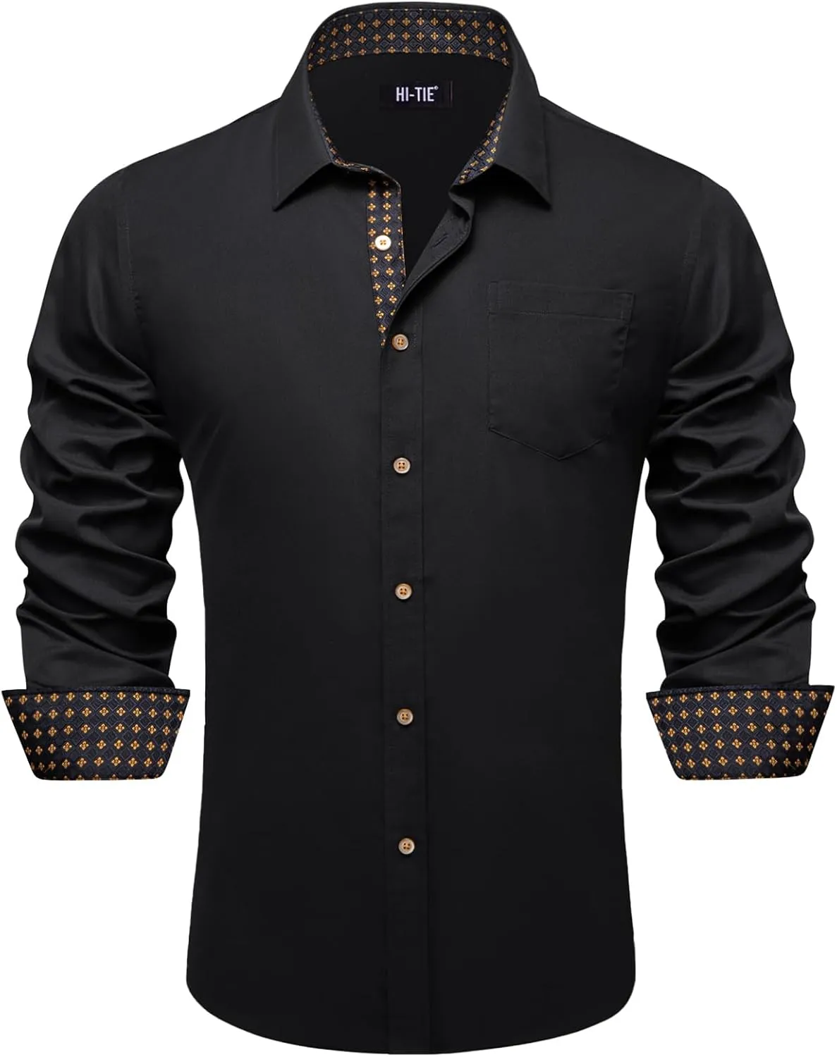 Hi-Tie Mens Dress Shirts Wrinkle Free Inner Contrast Jacquard Long Sleeve Casual Button Down Shirt Business Party Wedding