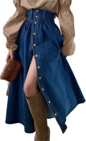 High Waisted Jeans Skirt for Women Vintage Button Up Split Long Skirt Y2k A Line Jeans Skirts