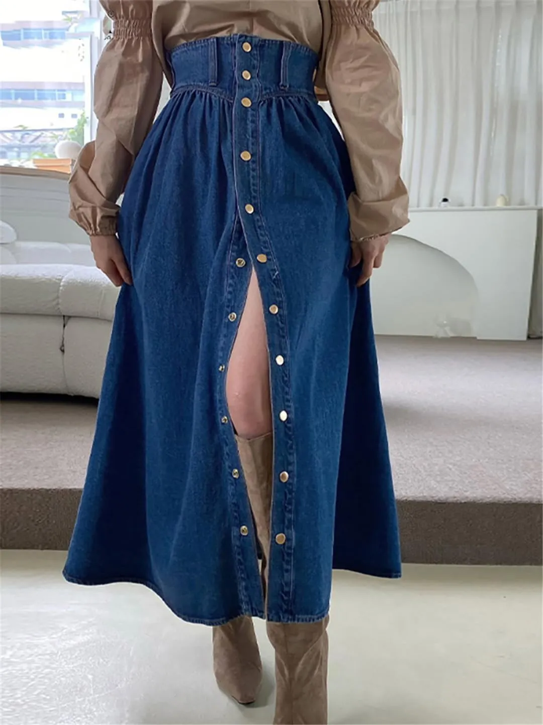 High Waisted Jeans Skirt for Women Vintage Button Up Split Long Skirt Y2k A Line Jeans Skirts