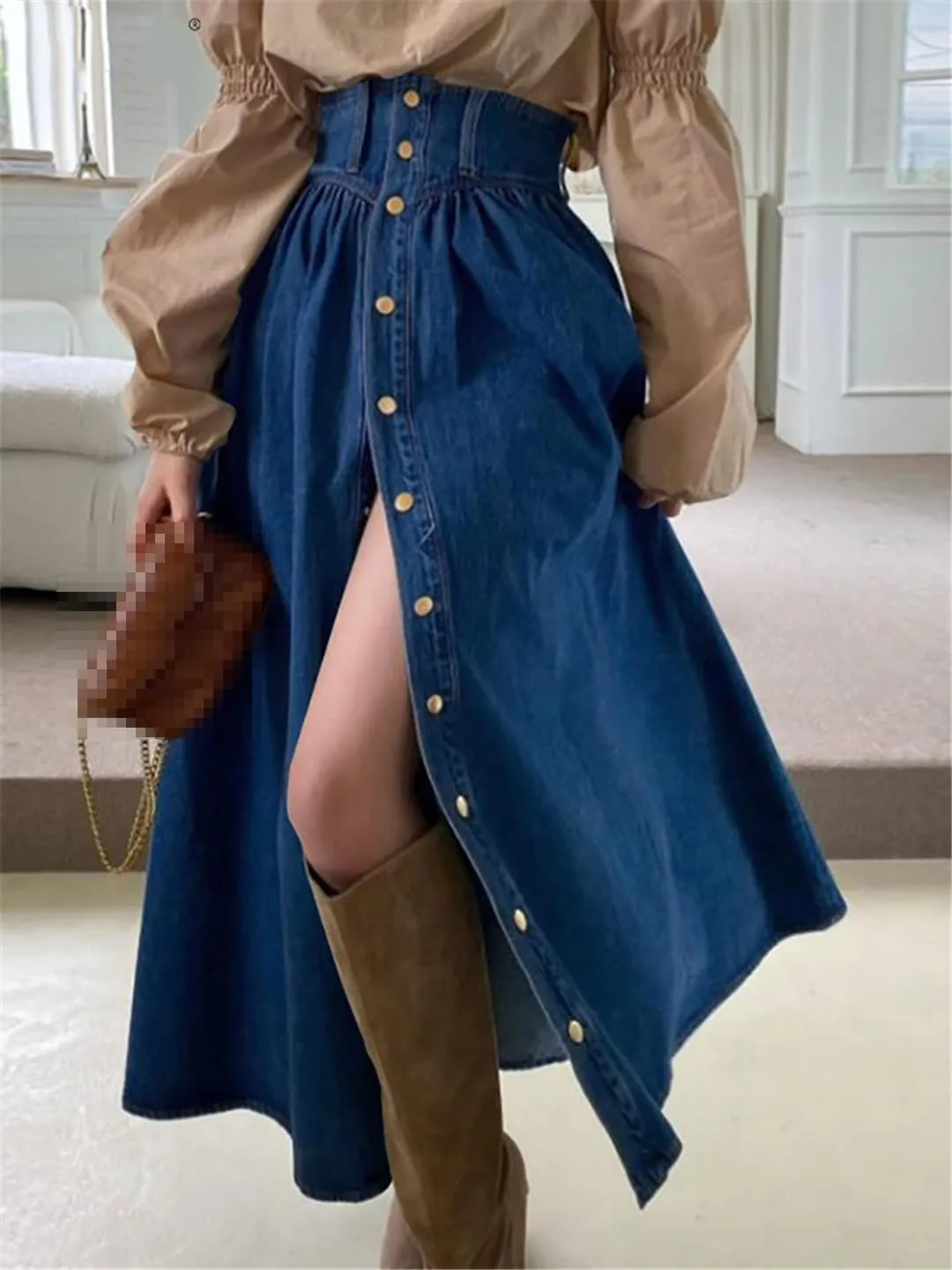 High Waisted Jeans Skirt for Women Vintage Button Up Split Long Skirt Y2k A Line Jeans Skirts