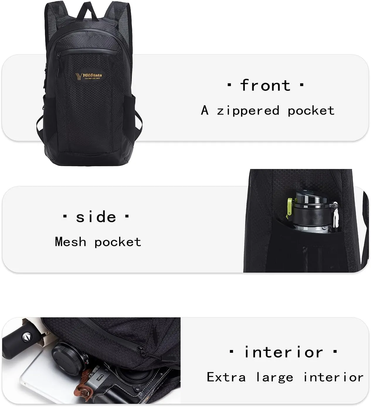 Hiking Daypacks for Women Waterproof Backpacks 15L Lightweight Packable Men Small Outdoor Sports Fan Multipurpose Travel Camping Bags Black