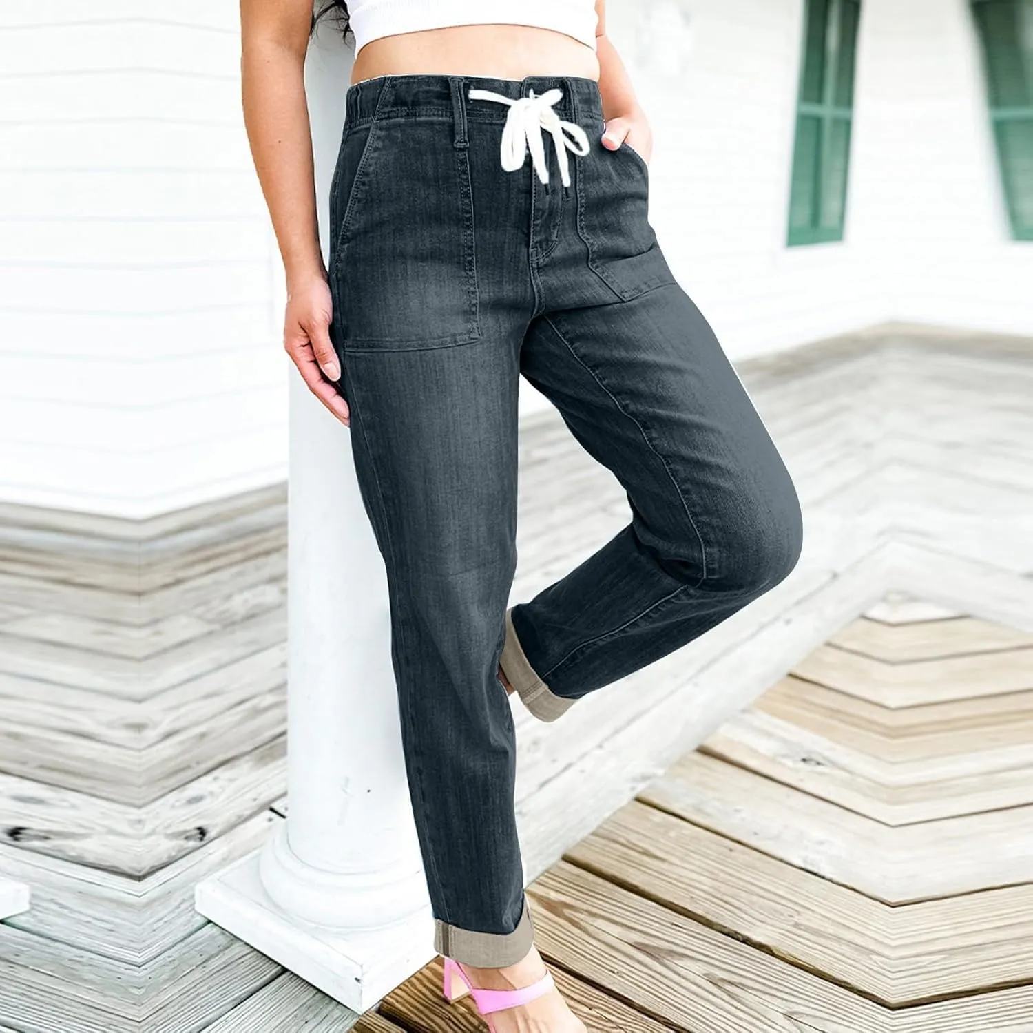hlysgo Women Pull On Denim Joggers High Waist Stretch Drawstring Jeans with Pocket Casual Baggy Straight Jeans Trousers