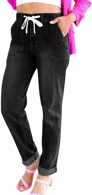 hlysgo Women Pull On Denim Joggers High Waist Stretch Drawstring Jeans with Pocket Casual Baggy Straight Jeans Trousers