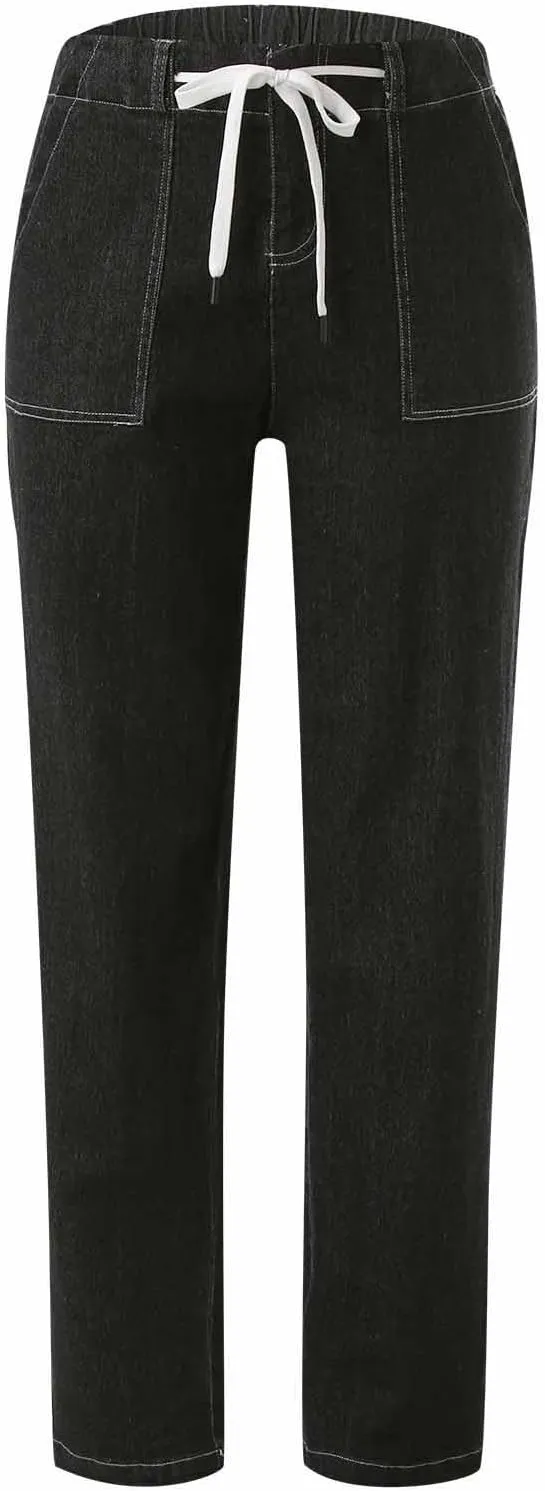 hlysgo Women Pull On Denim Joggers High Waist Stretch Drawstring Jeans with Pocket Casual Baggy Straight Jeans Trousers