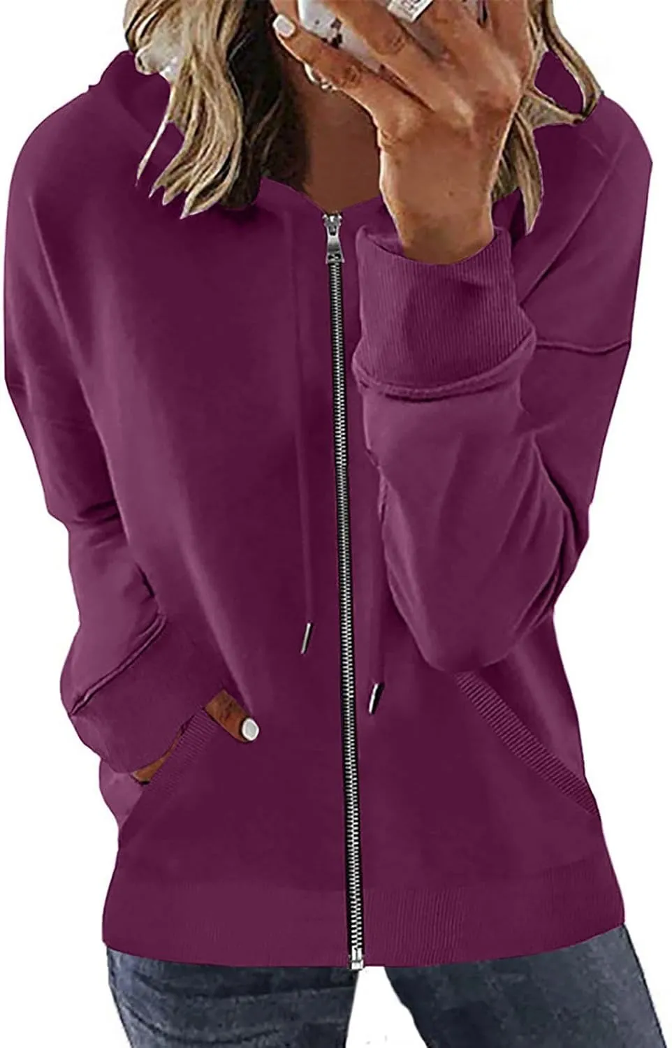 Hoodie Oversized Coat for Women Solid Color Pockets Cardigan Sweatshirts Long Sleeves Zipper Jackets Cardigan Winter