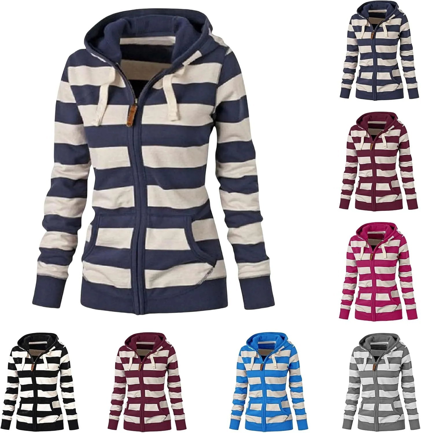 Hoodies for Womens Oversized Striped Hooded Sweatshirt Full Zip Classic Drawstring Jackets Casual Coat Tops Pockets