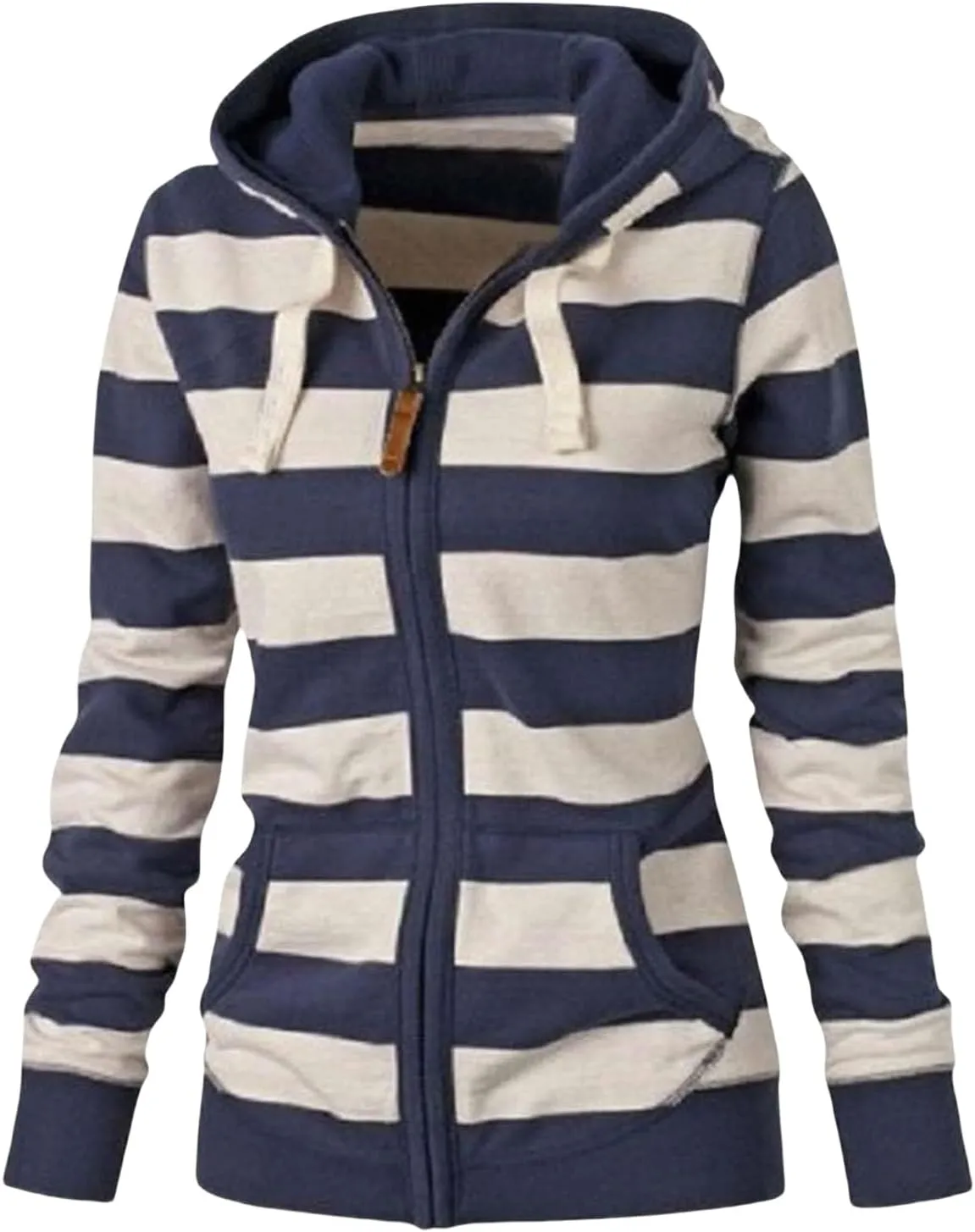 Hoodies for Womens Oversized Striped Hooded Sweatshirt Full Zip Classic Drawstring Jackets Casual Coat Tops Pockets
