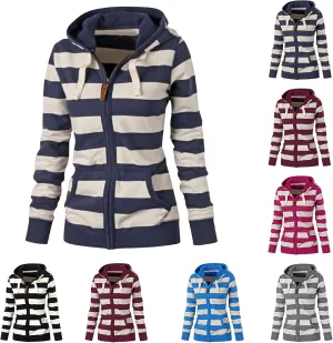 Hoodies for Womens Oversized Striped Hooded Sweatshirt Full Zip Classic Drawstring Jackets Casual Coat Tops Pockets
