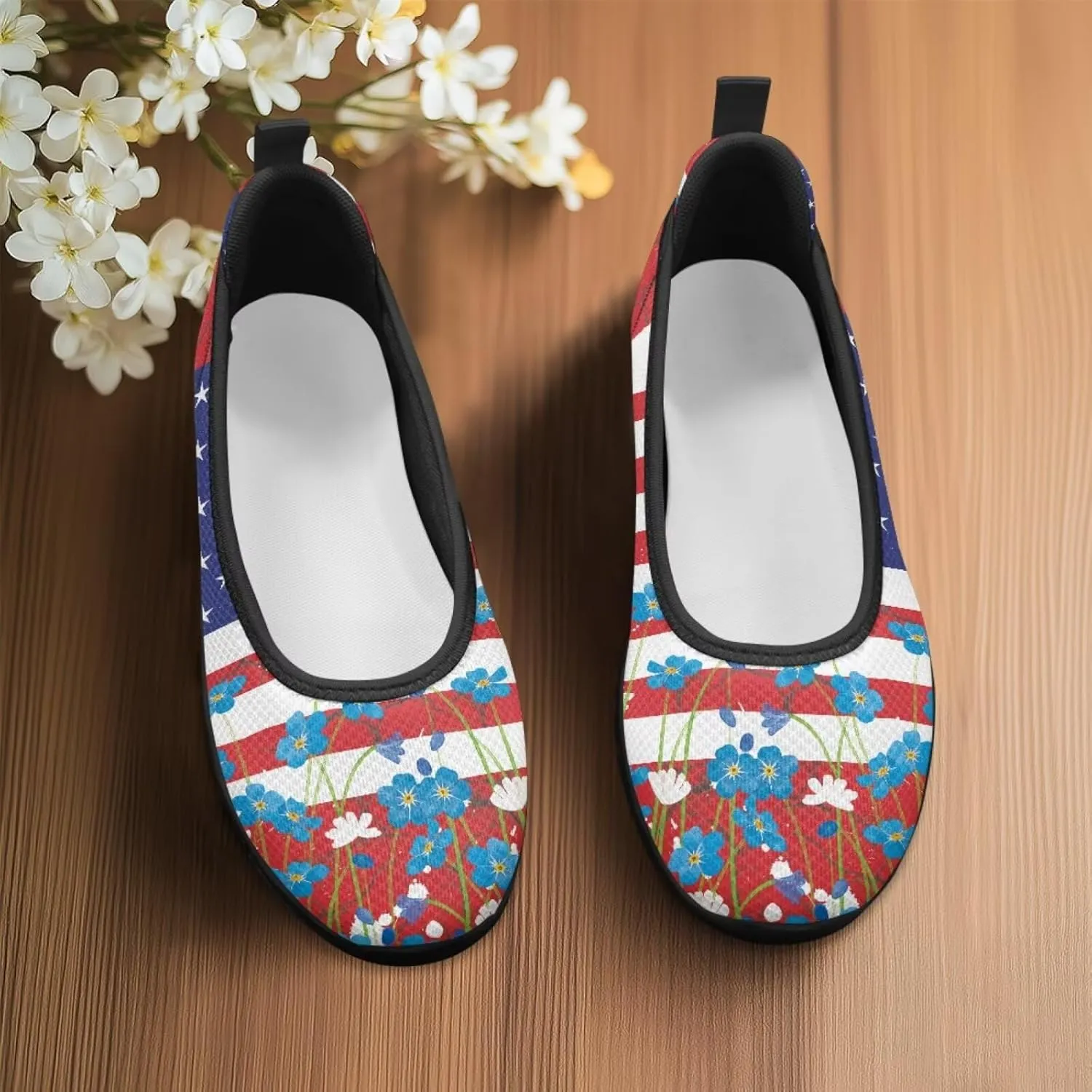 Howilath American Flag Print Flat Shoes for Women Slip on Trekking Shoes Casual Sport Shoes Lightweight Loafers