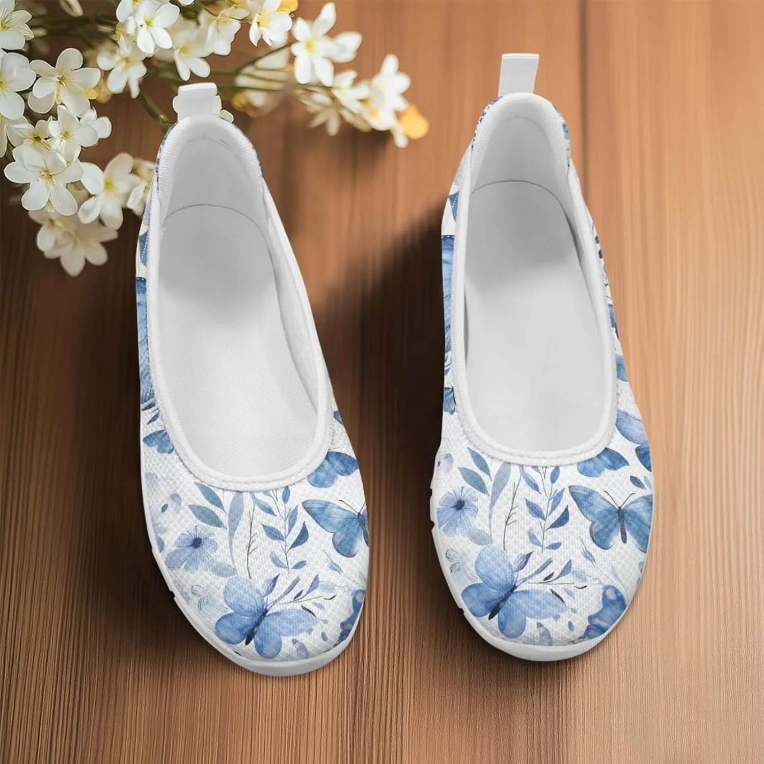 Howilath Butterfly Print Women Mesh Flats Shoes Slip on Walking Shoes Non-Slip Shoes Breathable Loafers Shoes