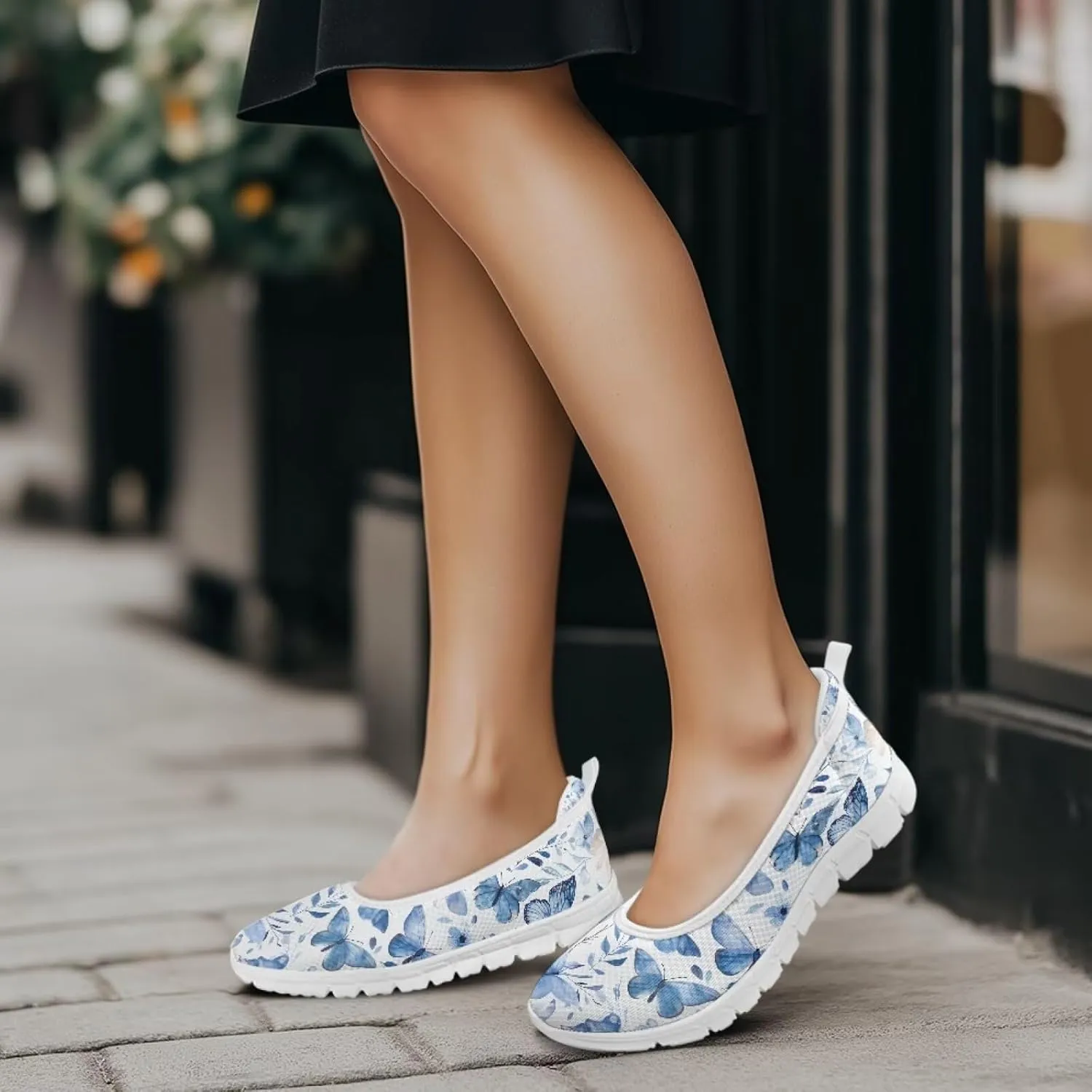 Howilath Butterfly Print Women Mesh Flats Shoes Slip on Walking Shoes Non-Slip Shoes Breathable Loafers Shoes