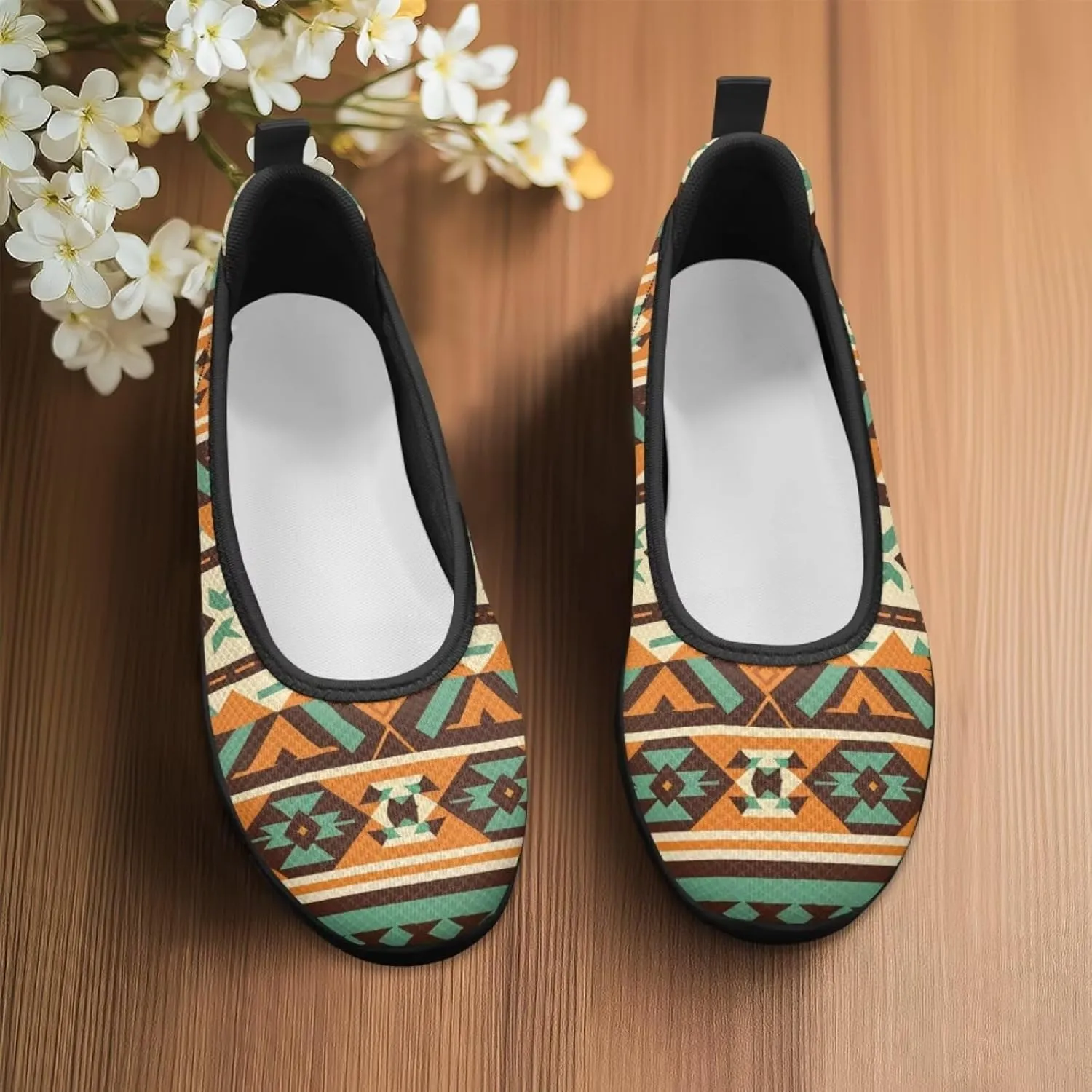 Howilath Western Aztec Print Women Loafers Shoes for Work Slip on Shoes Mesh Flats Shoes for Hiking Travel Jogging