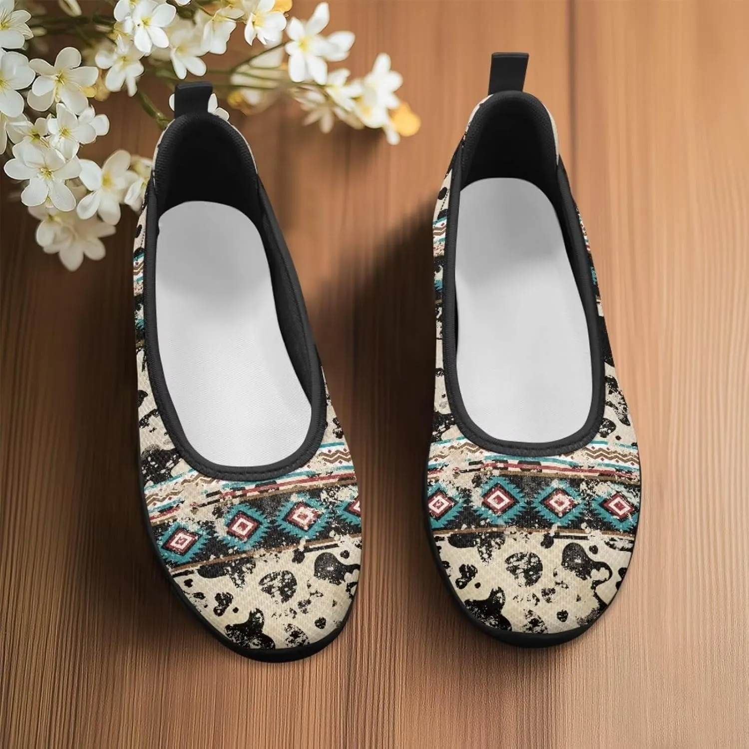 Howilath Western Aztec Print Women Loafers Shoes for Work Slip on Shoes Mesh Flats Shoes for Hiking Travel Jogging