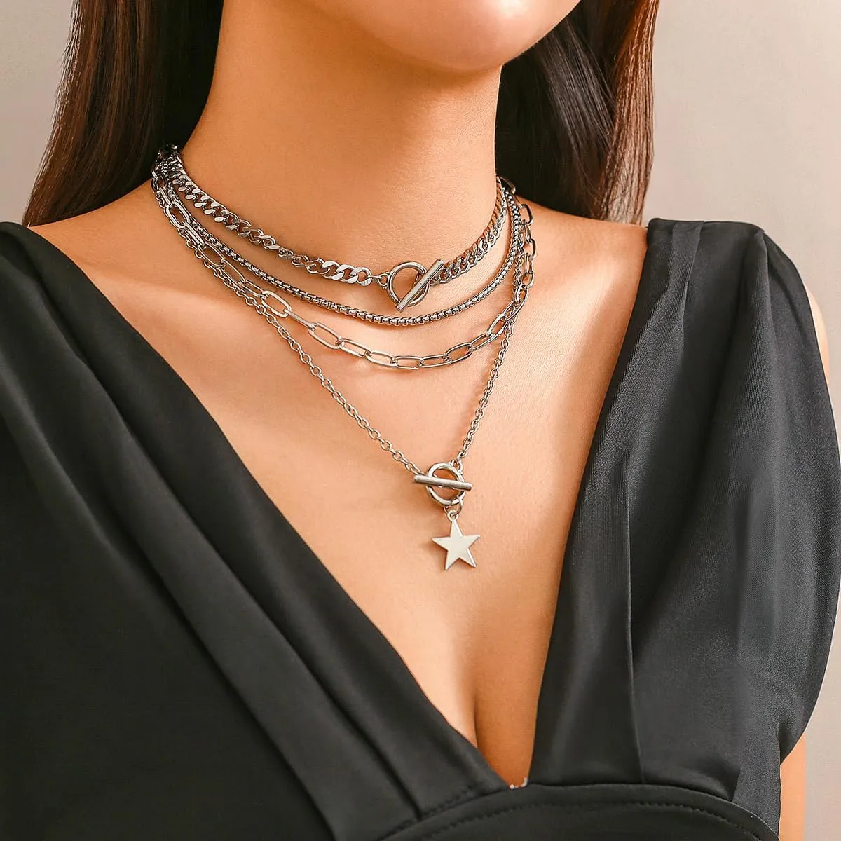 Ingemark 4PCS Gold Layered Choker Necklace Set for Women Heart Pendant Retro Coin Pendant Star Pendant Snake Chain Toggle Clasp