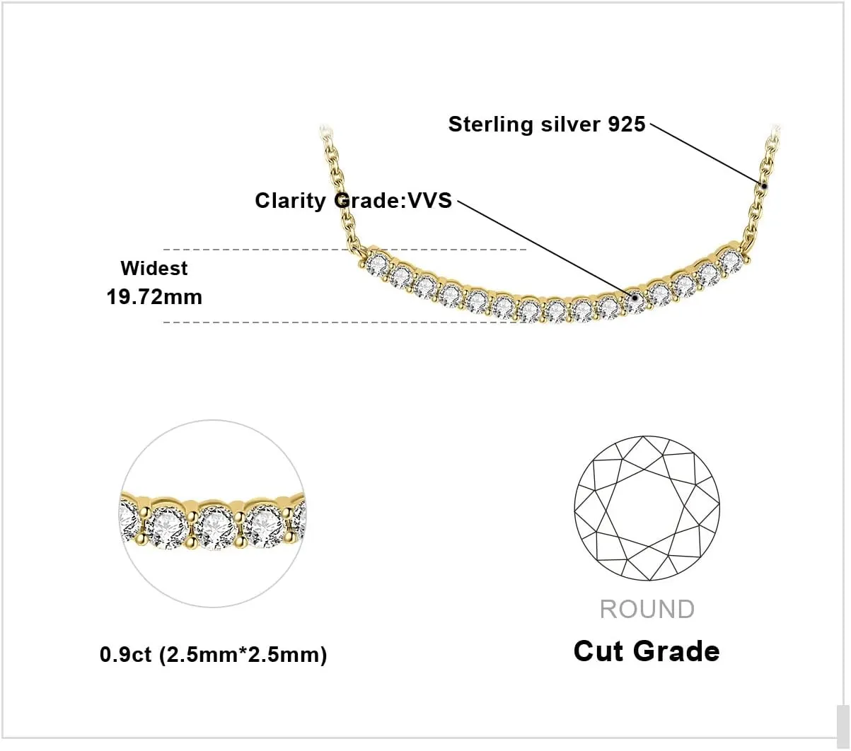 JewelryPalace Round Cut Moissanite Bar Collar Pendant Necklace for Women, 14K White Yellow Rose Gold Plated 925 Sterling Silver Necklaces for Her, Simulated Diamond 18 Inches Chain VVS D-F