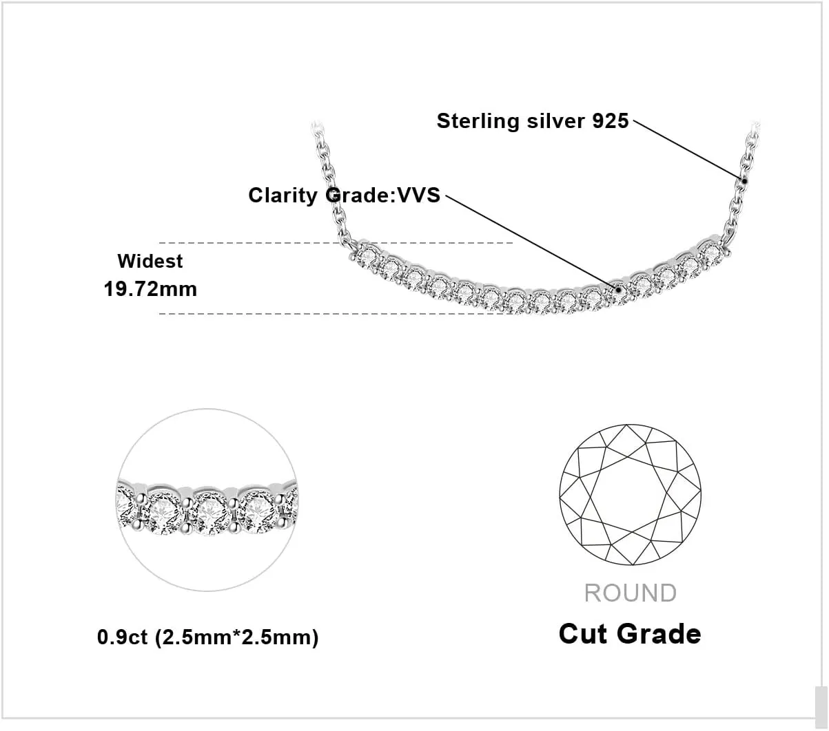 JewelryPalace Round Cut Moissanite Bar Collar Pendant Necklace for Women, 14K White Yellow Rose Gold Plated 925 Sterling Silver Necklaces for Her, Simulated Diamond 18 Inches Chain VVS D-F