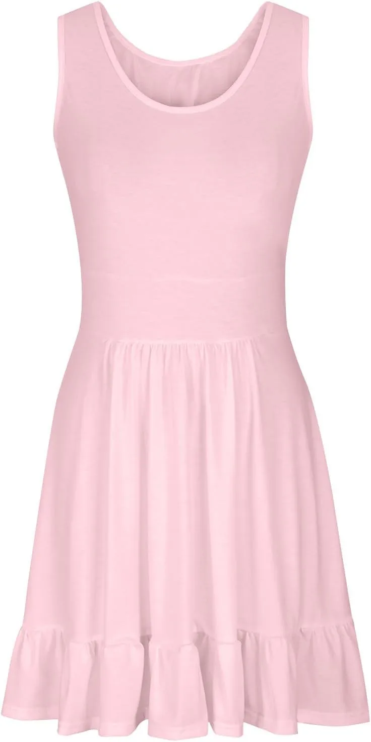 JOAU Women's Summer 2024 Beach Casual Sleeveless Crew Neck Tank Dress Loose Pleated Empire Waist Ruffle Hem Mini Sundress