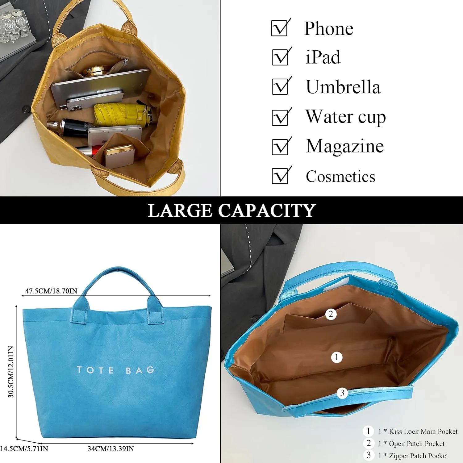 JQAliMOVV Extra Large Tote Bags for Women with Handles Dupont Paper Letters Print Handbag Oversized Tote Bag for Work