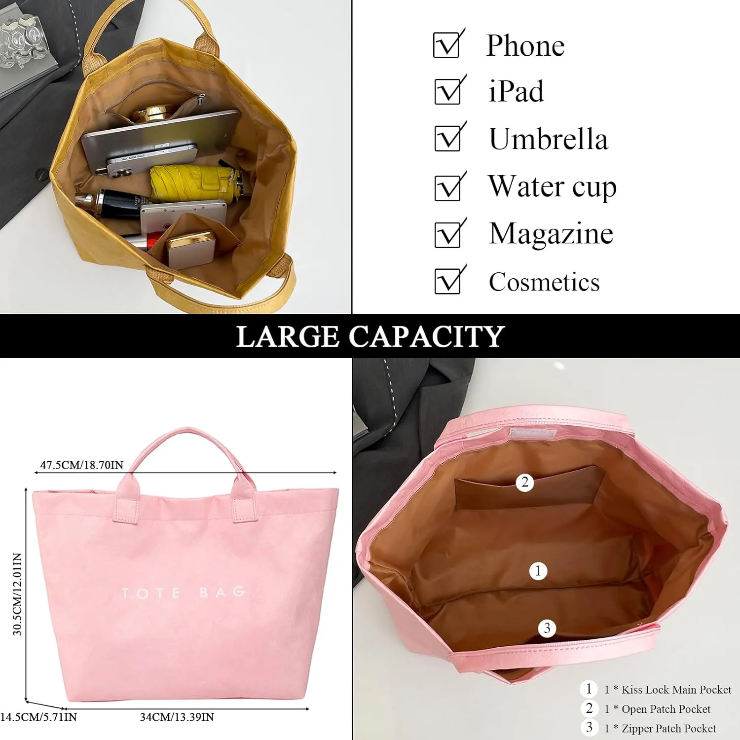 JQAliMOVV Extra Large Tote Bags for Women with Handles Dupont Paper Letters Print Handbag Oversized Tote Bag for Work