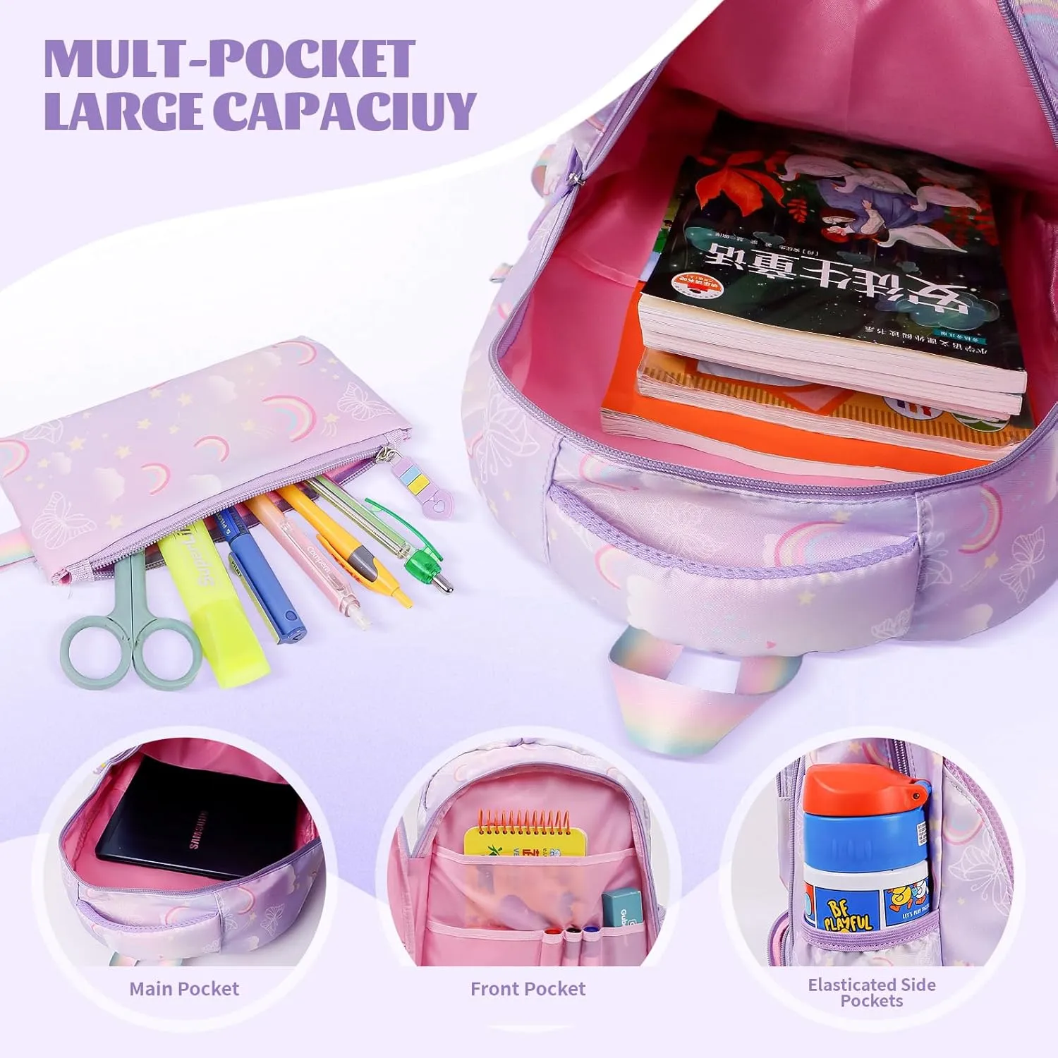 Kawaii Backpack Starry Rainbow Bookbag For Boy Girl