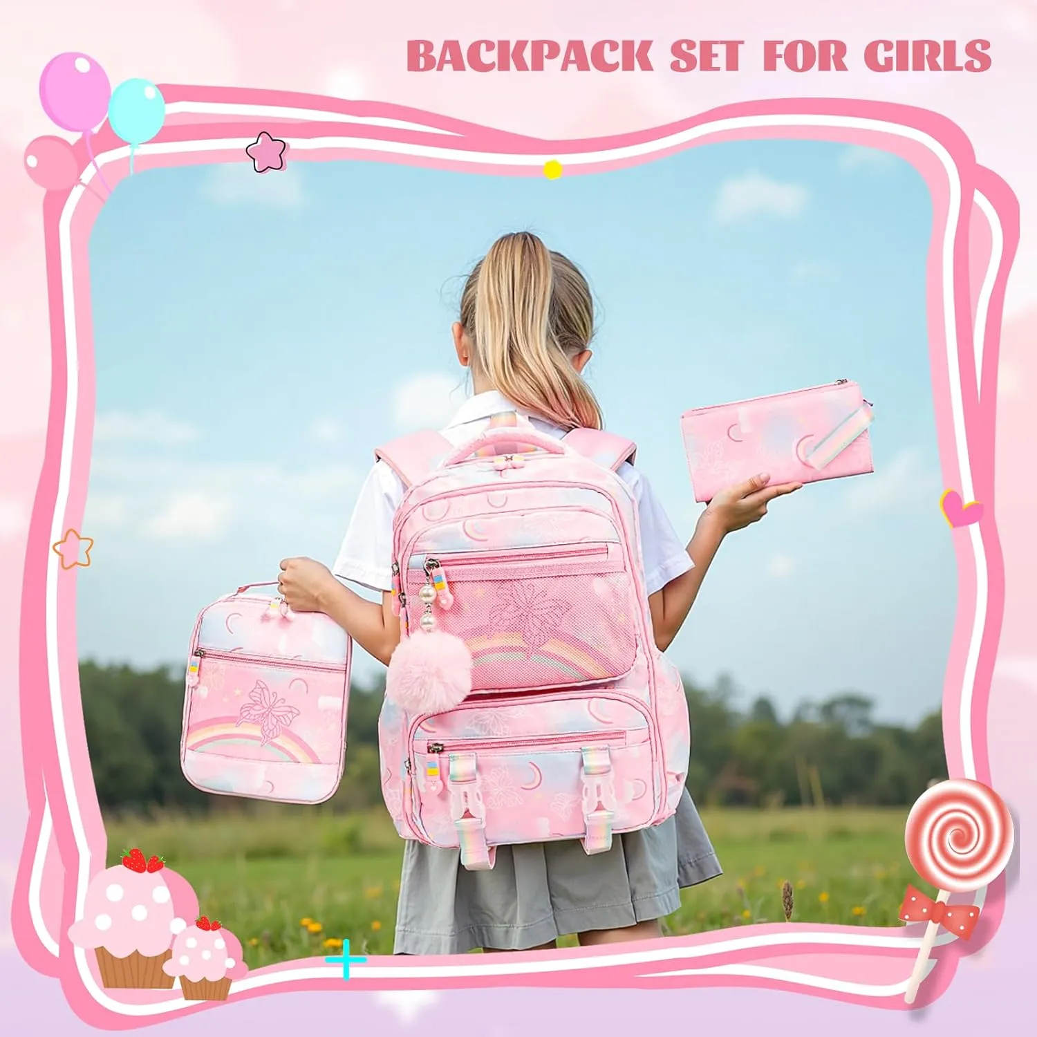 Kawaii Backpack Starry Rainbow Bookbag For Boy Girl