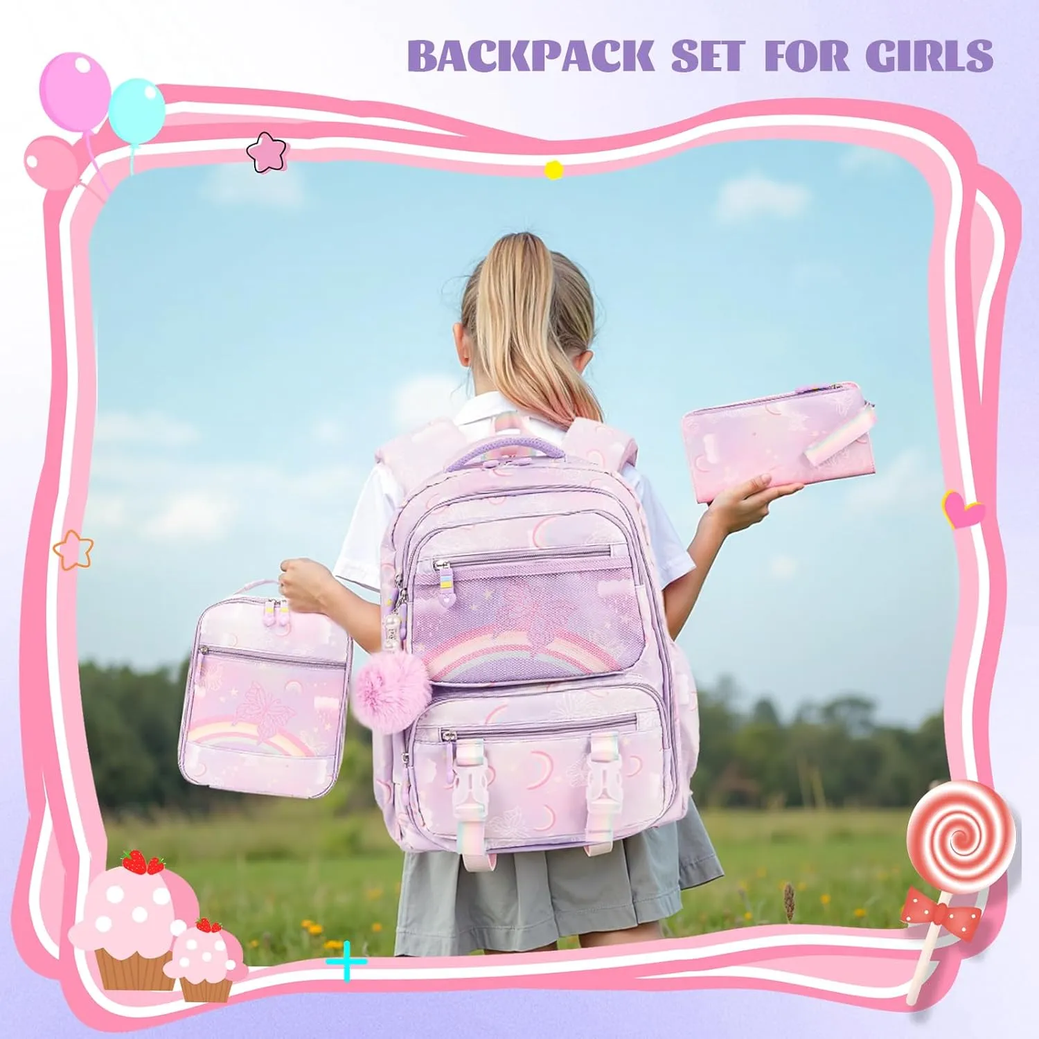 Kawaii Backpack Starry Rainbow Bookbag For Boy Girl
