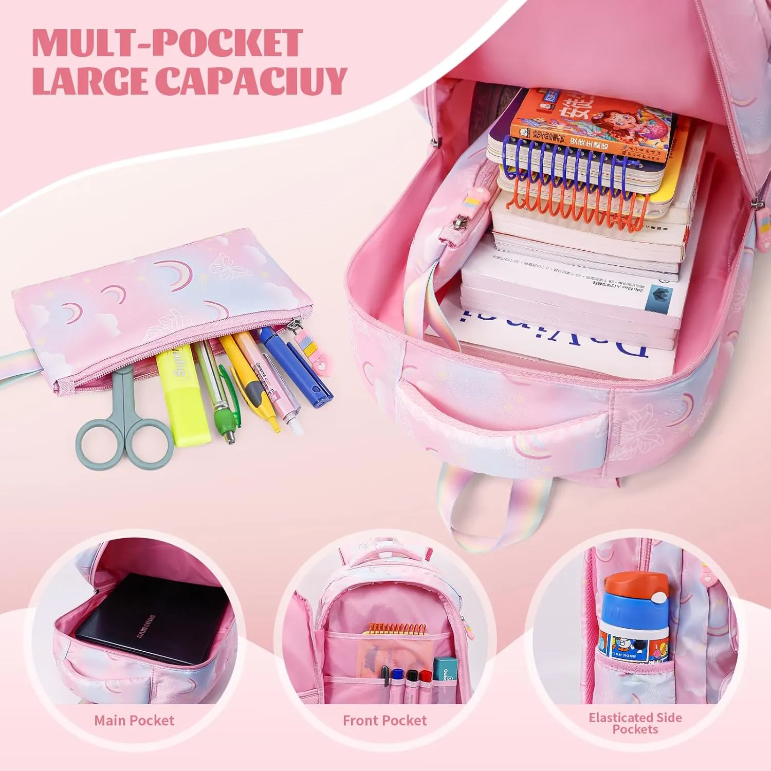 Kawaii Backpack Starry Rainbow Bookbag For Boy Girl