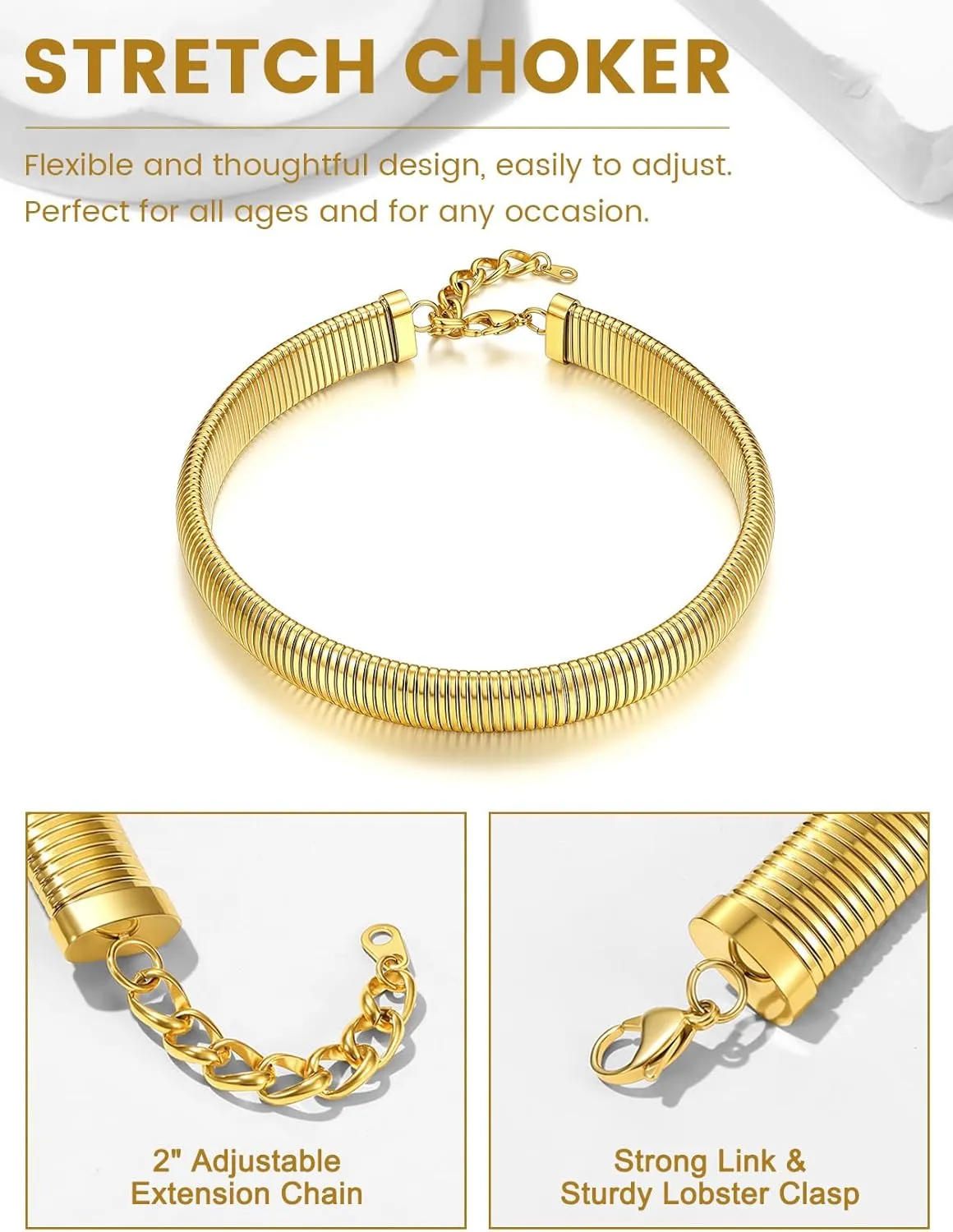 KeyStyle Chunky Chain Choker for Women, Stainless Steel Stretch Snake Link Chains Non Tarnish, Minimalist Chains Statement Jewelry Gifts for Hip Hop Rapper
