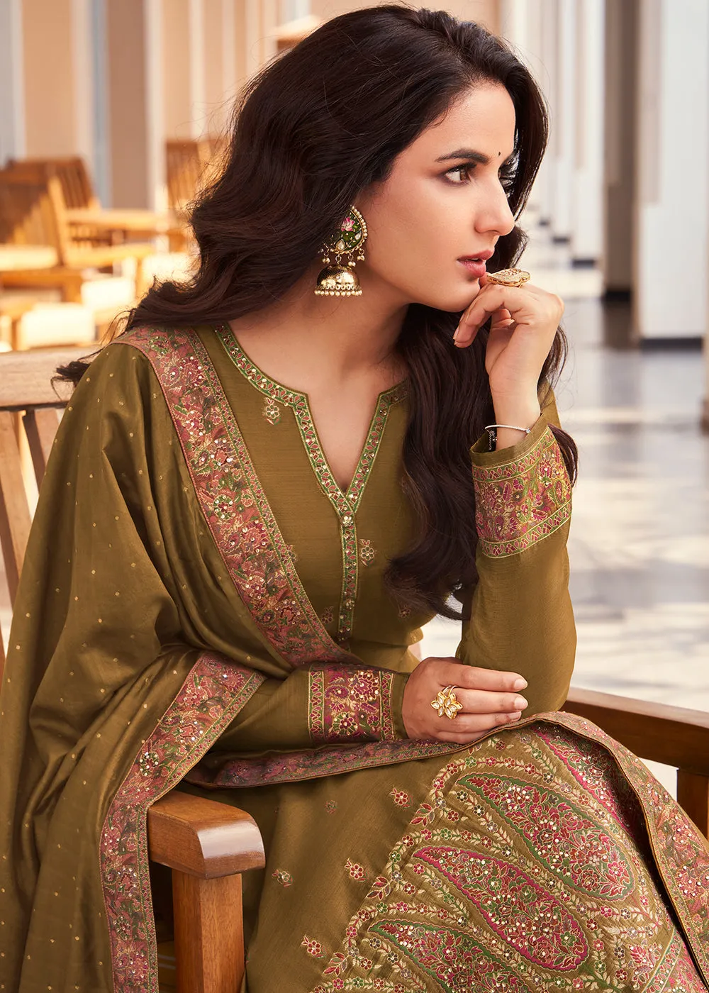 Khaki Jacquard Embordered Festive Pant Salwar Suit