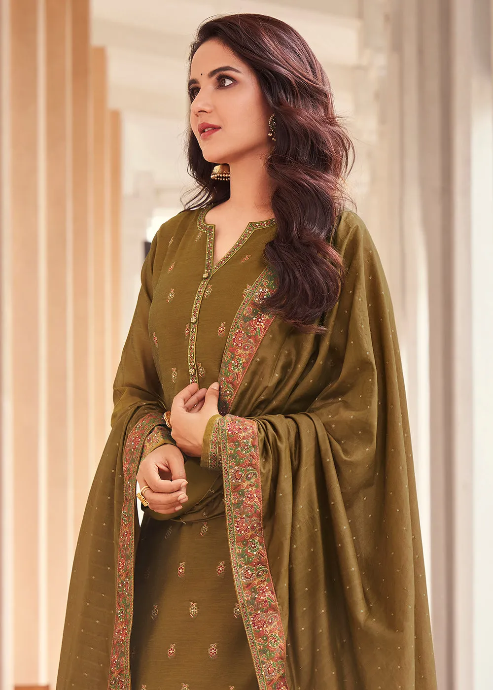 Khaki Jacquard Embordered Festive Pant Salwar Suit