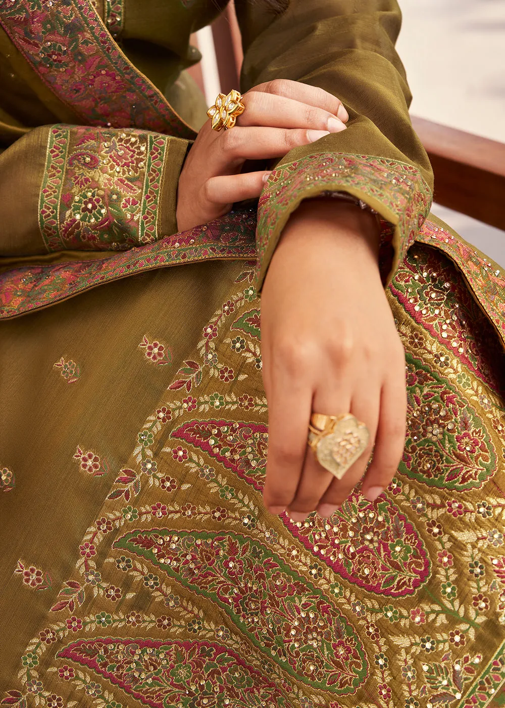 Khaki Jacquard Embordered Festive Pant Salwar Suit