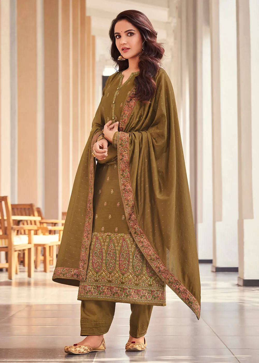Khaki Jacquard Embordered Festive Pant Salwar Suit
