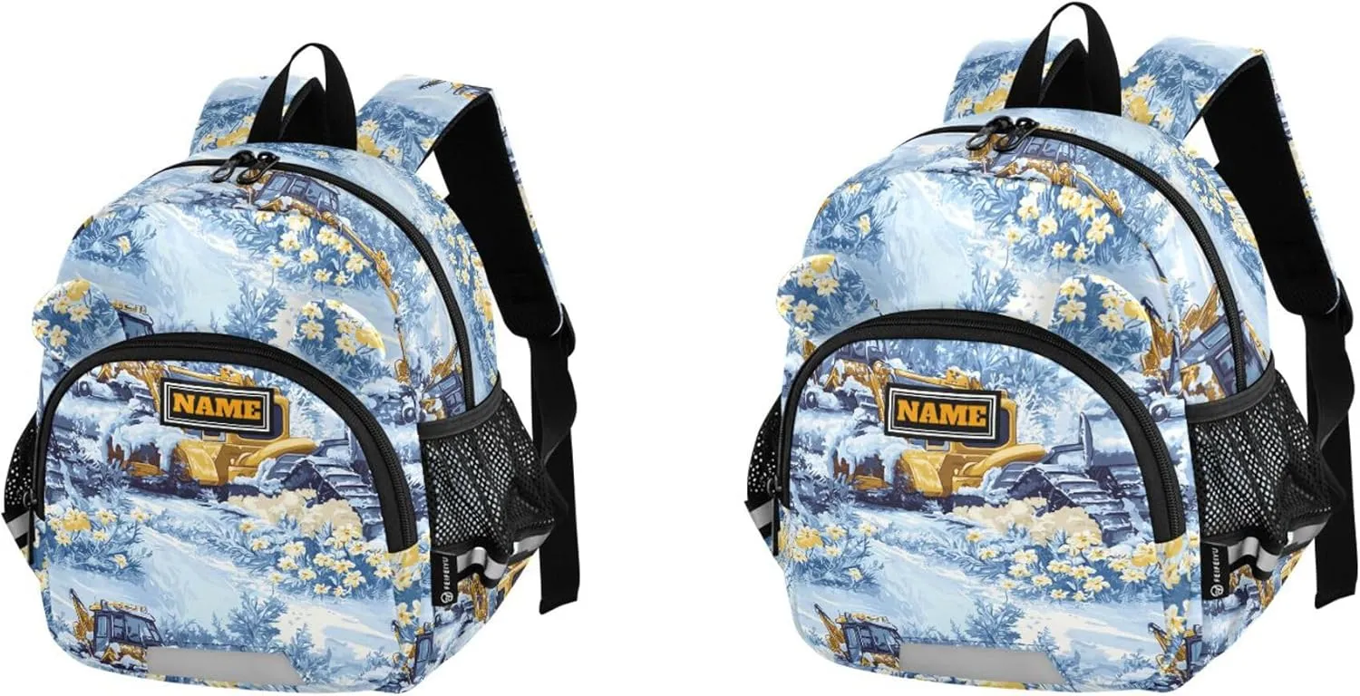 KLL Custom Cute Ears Toddler School Backpack Leash Boy's Girl's Anti-Lost Personalized Kindergarten Backpack with Reflective Strip M Construction Truck Cartoon Bulldozer Icy and Snowy