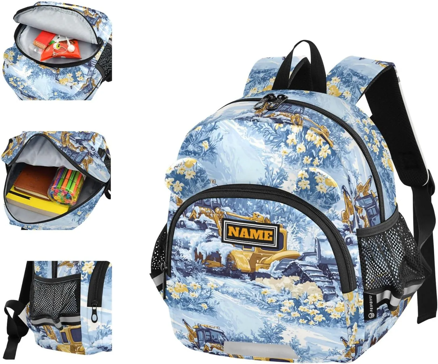 KLL Custom Cute Ears Toddler School Backpack Leash Boy's Girl's Anti-Lost Personalized Kindergarten Backpack with Reflective Strip M Construction Truck Cartoon Bulldozer Icy and Snowy
