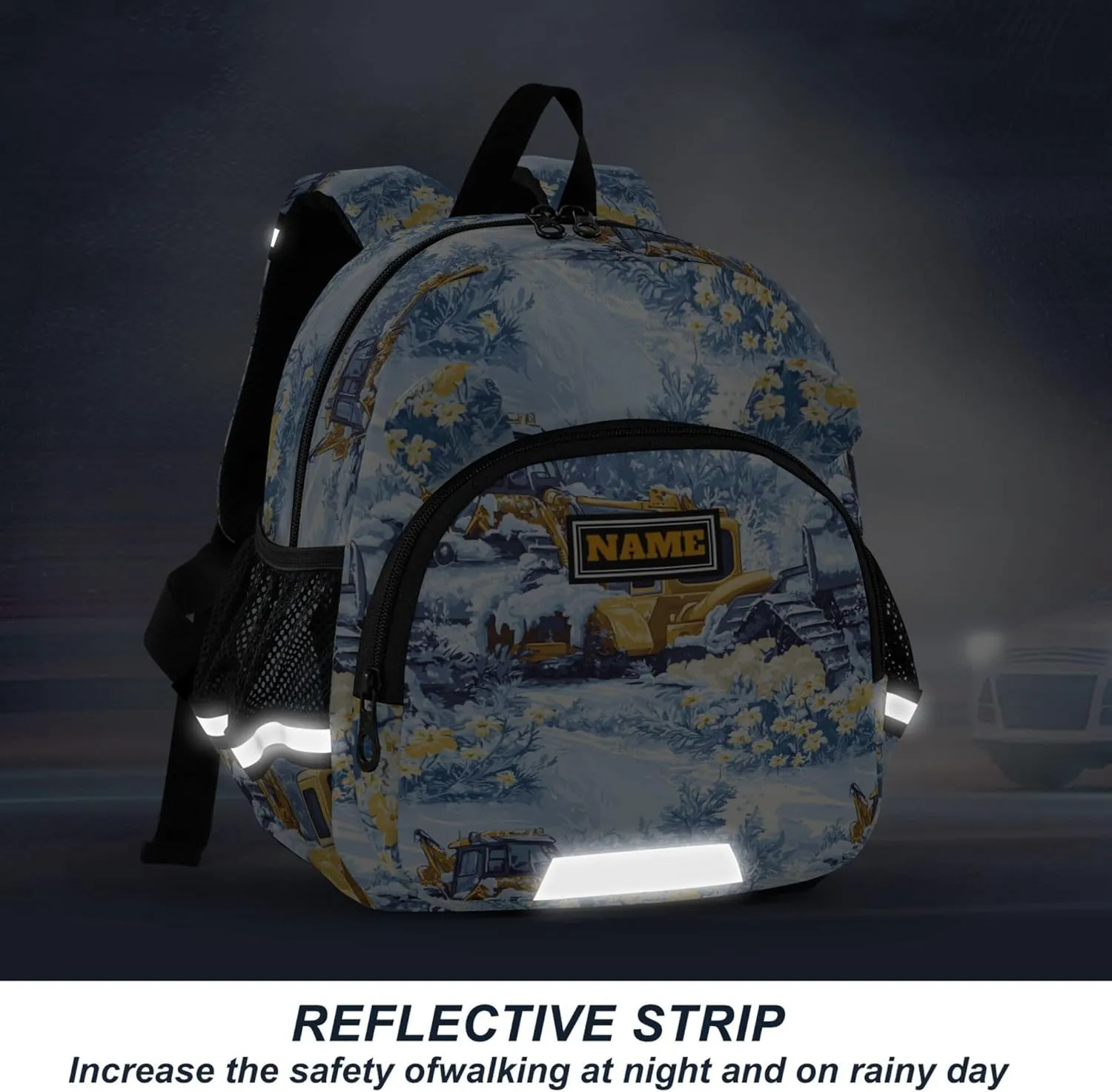 KLL Custom Cute Ears Toddler School Backpack Leash Boy's Girl's Anti-Lost Personalized Kindergarten Backpack with Reflective Strip M Construction Truck Cartoon Bulldozer Icy and Snowy