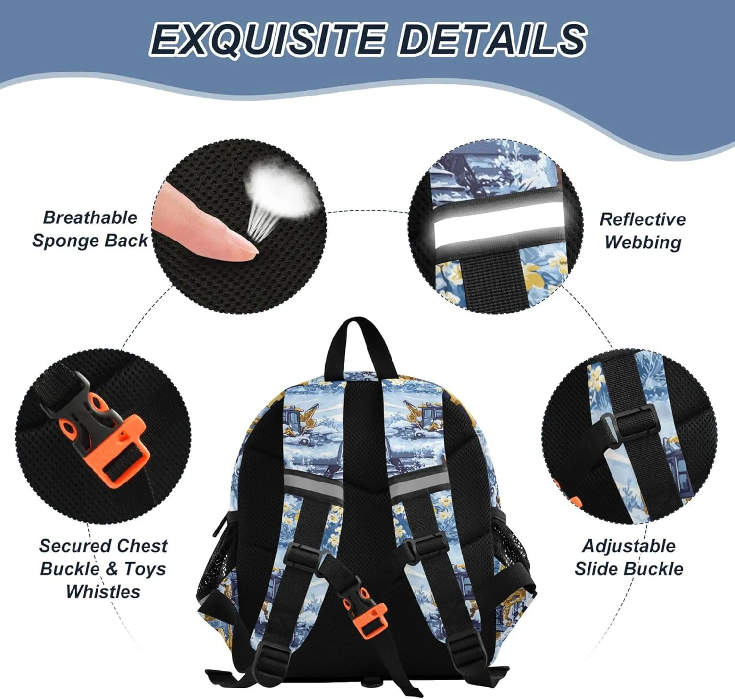 KLL Custom Cute Ears Toddler School Backpack Leash Boy's Girl's Anti-Lost Personalized Kindergarten Backpack with Reflective Strip M Construction Truck Cartoon Bulldozer Icy and Snowy