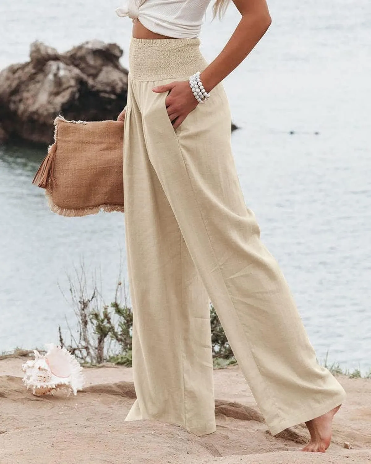 Kubbon Cotton Linen Pants for Women High Waist Smocked Palazzo Pants Casual Wide Leg Lounge Pant Beach Travel Trousers