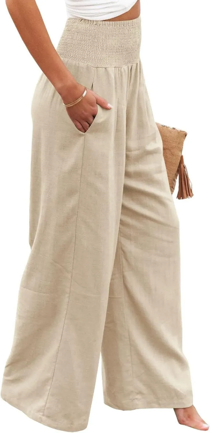Kubbon Cotton Linen Pants for Women High Waist Smocked Palazzo Pants Casual Wide Leg Lounge Pant Beach Travel Trousers
