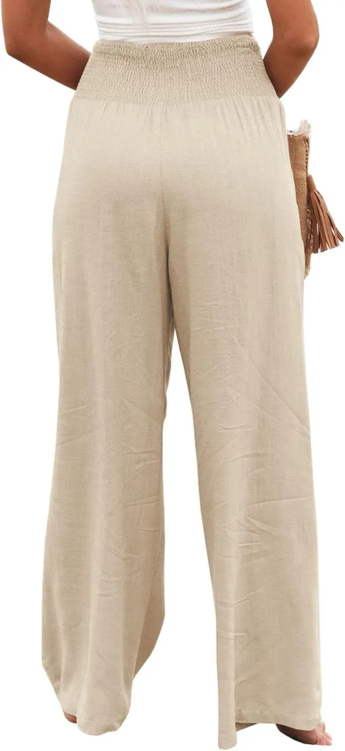 Kubbon Cotton Linen Pants for Women High Waist Smocked Palazzo Pants Casual Wide Leg Lounge Pant Beach Travel Trousers