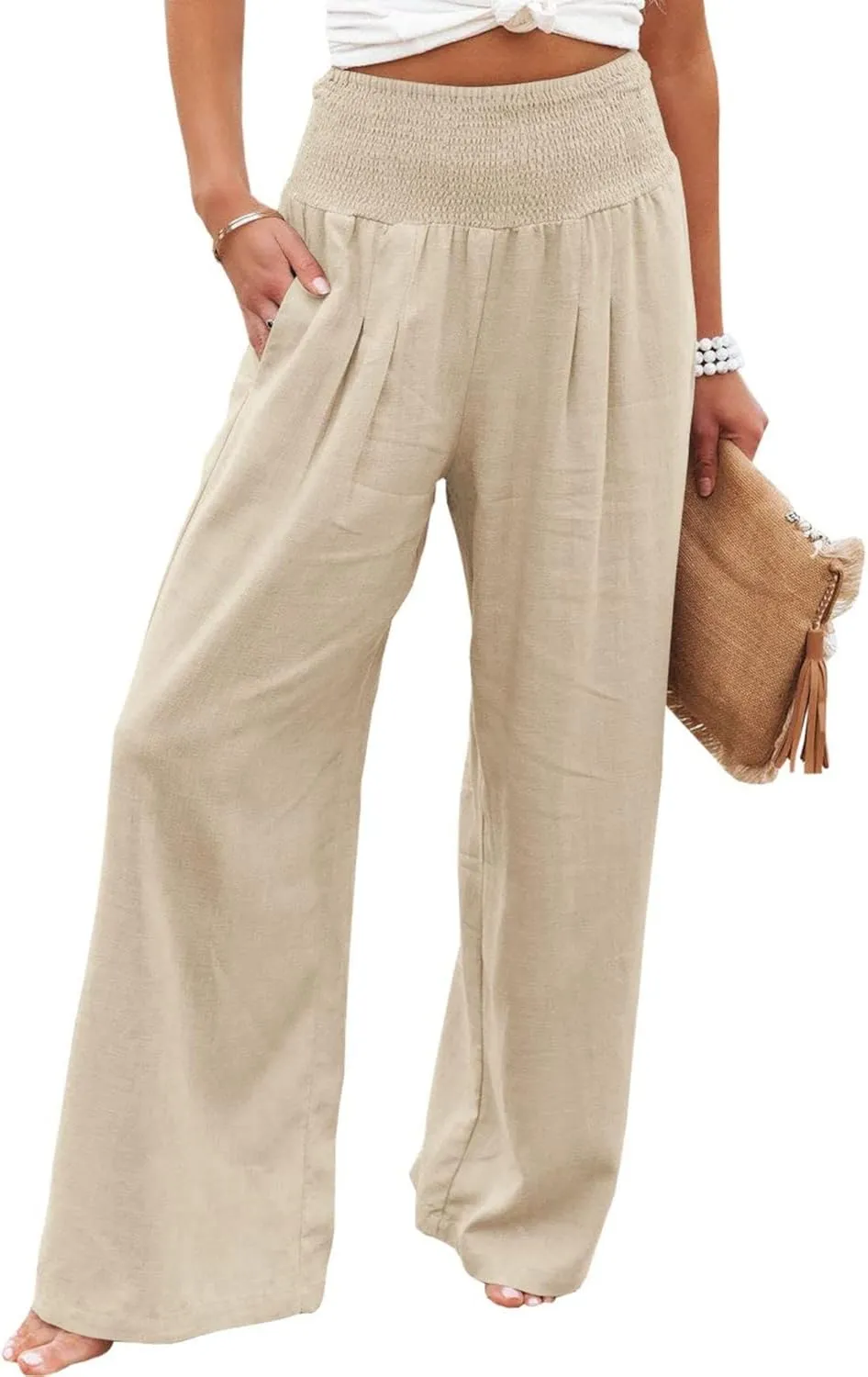 Kubbon Cotton Linen Pants for Women High Waist Smocked Palazzo Pants Casual Wide Leg Lounge Pant Beach Travel Trousers