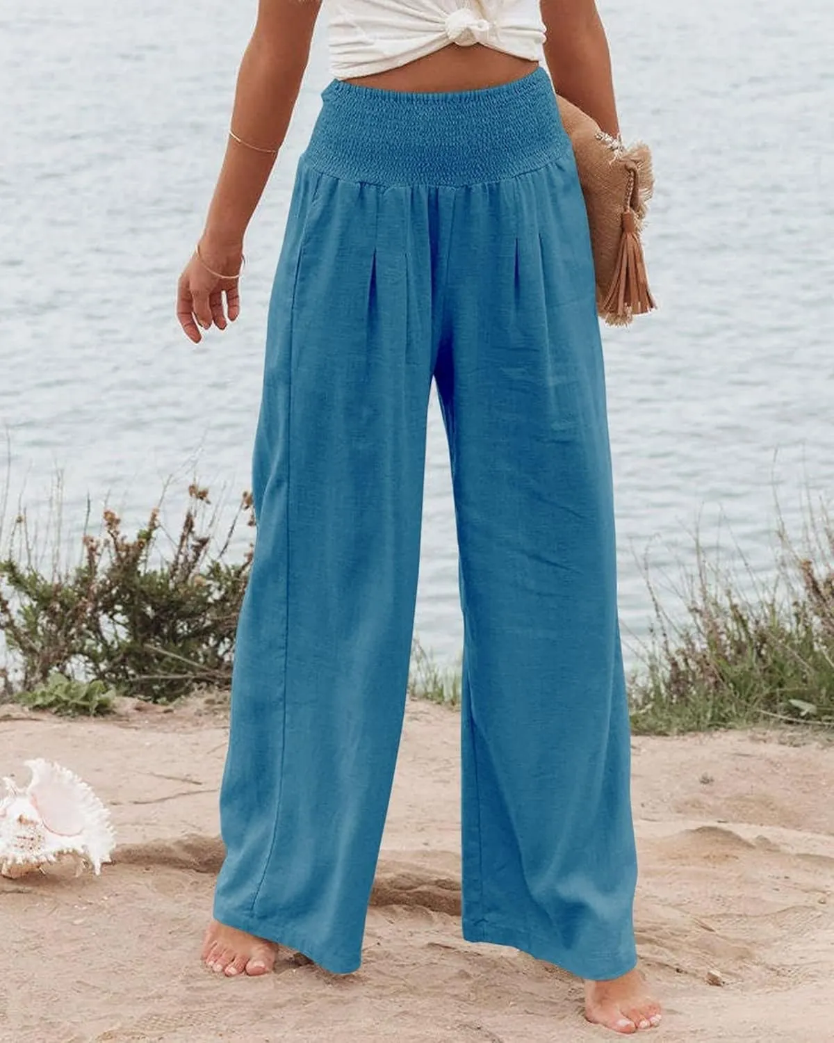 Kubbon Cotton Linen Pants for Women High Waist Smocked Palazzo Pants Casual Wide Leg Lounge Pant Beach Travel Trousers