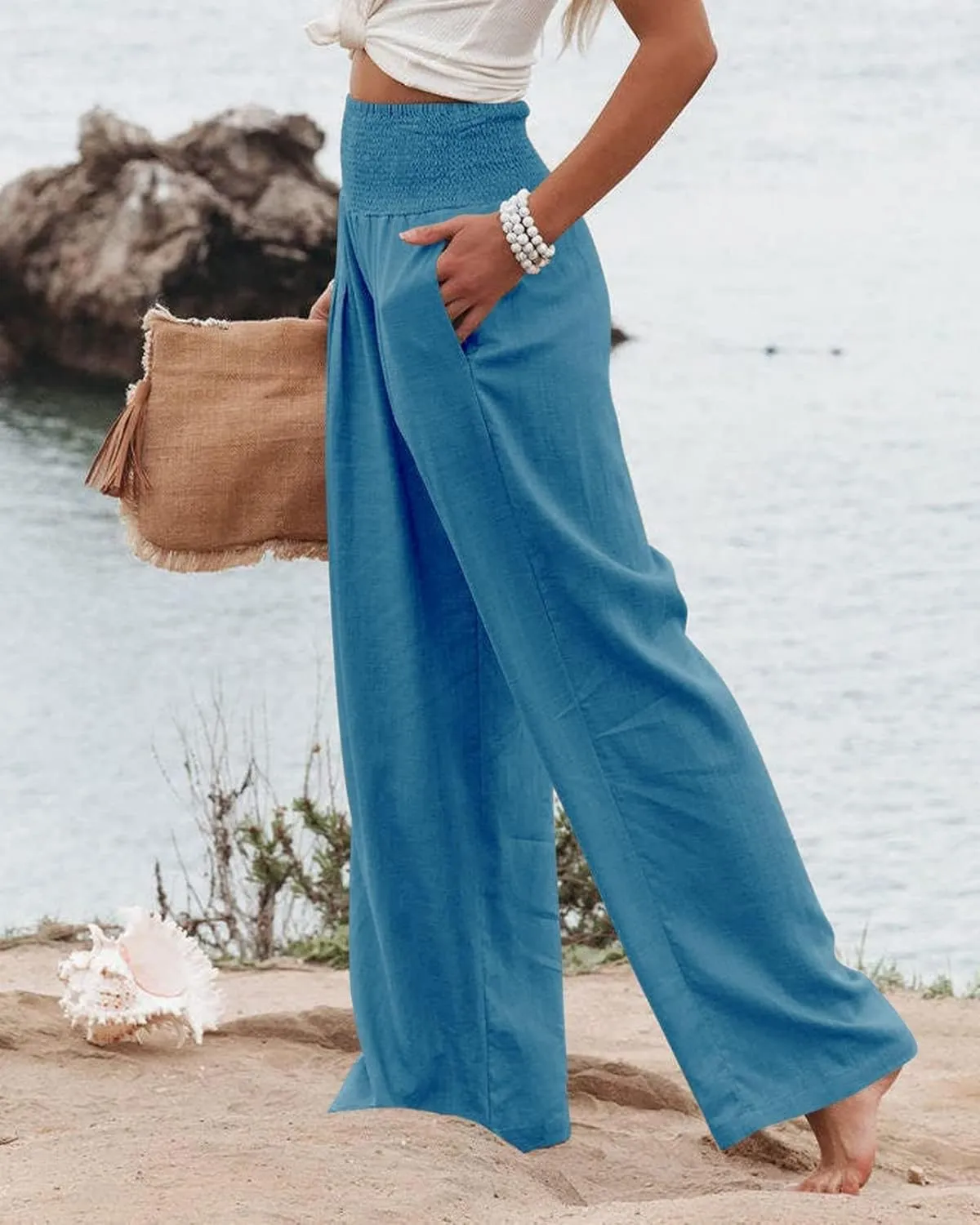 Kubbon Cotton Linen Pants for Women High Waist Smocked Palazzo Pants Casual Wide Leg Lounge Pant Beach Travel Trousers