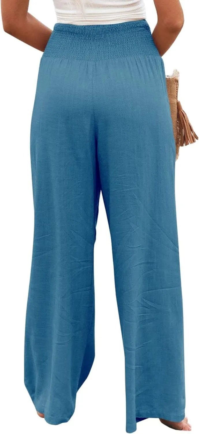 Kubbon Cotton Linen Pants for Women High Waist Smocked Palazzo Pants Casual Wide Leg Lounge Pant Beach Travel Trousers