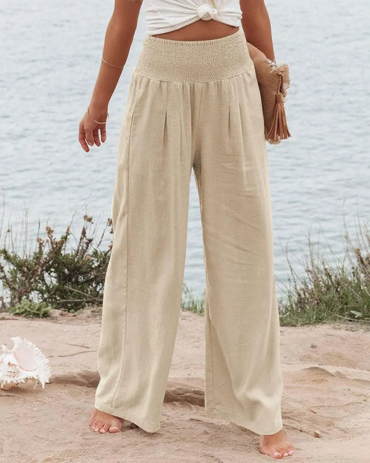 Kubbon Cotton Linen Pants for Women High Waist Smocked Palazzo Pants Casual Wide Leg Lounge Pant Beach Travel Trousers